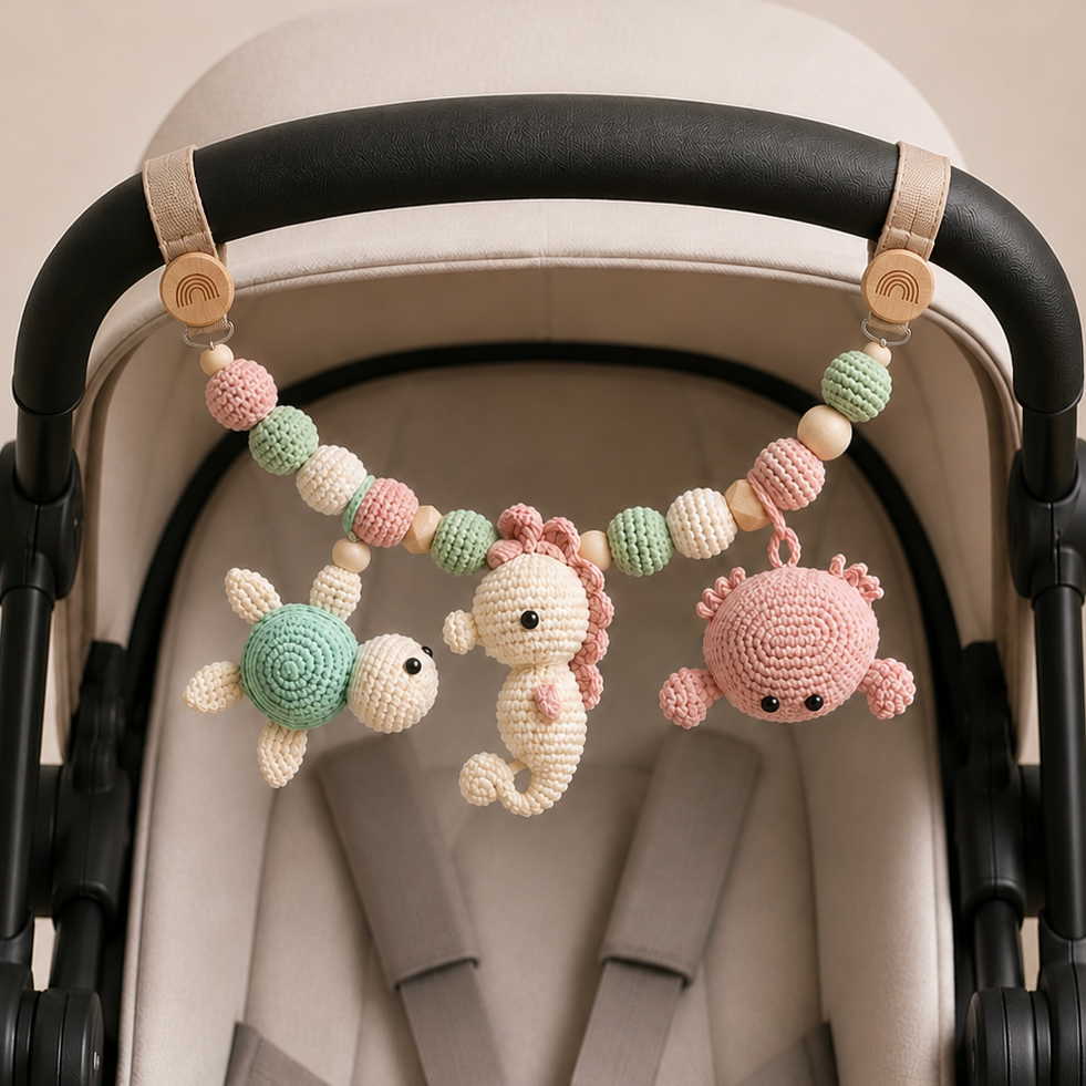Crochet Sea Animals Car Seat Toy – Turtle, Seahorse & Crap Pram Hanging Rattle