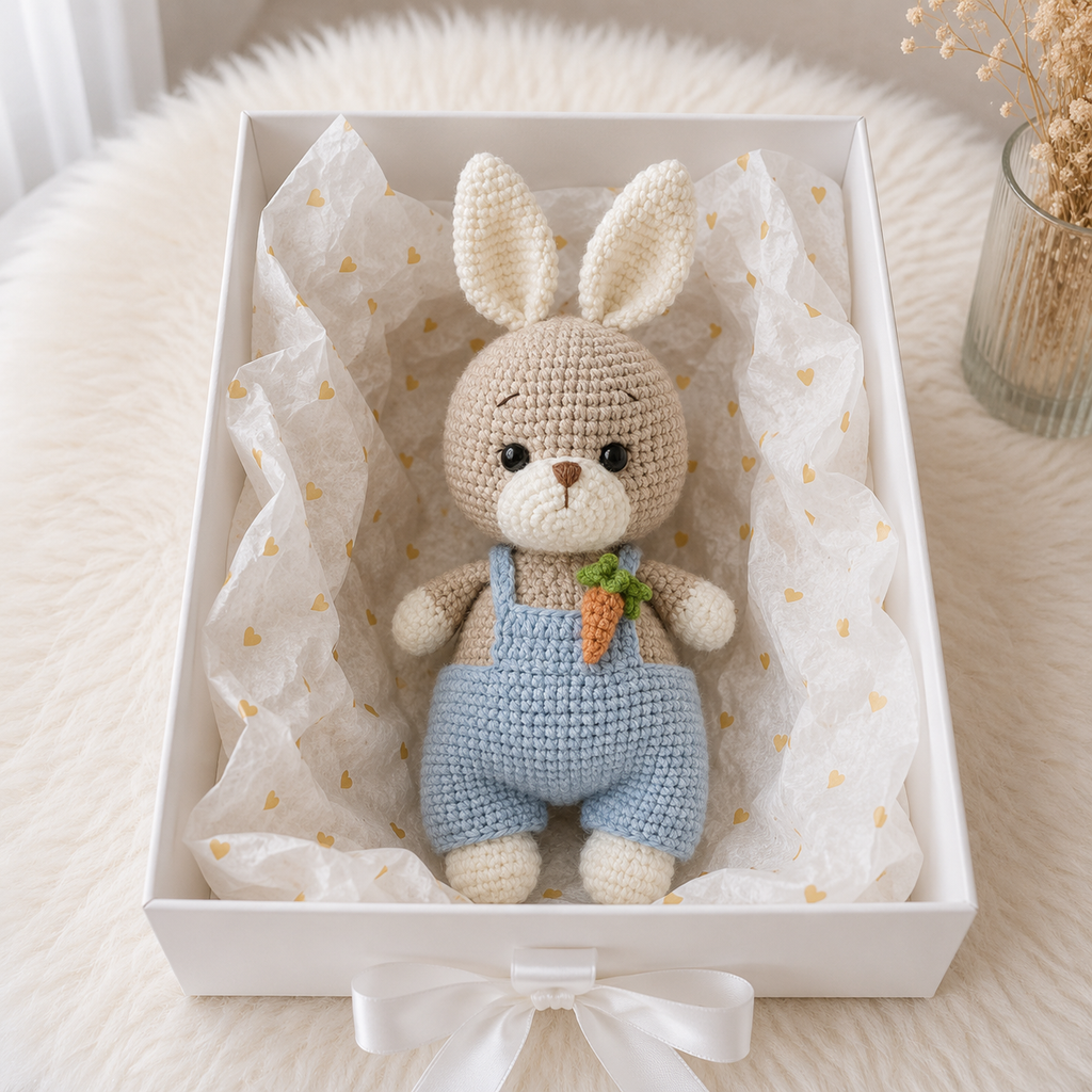 Handmade Crochet Bunny Toy in Blue Jumpsuit