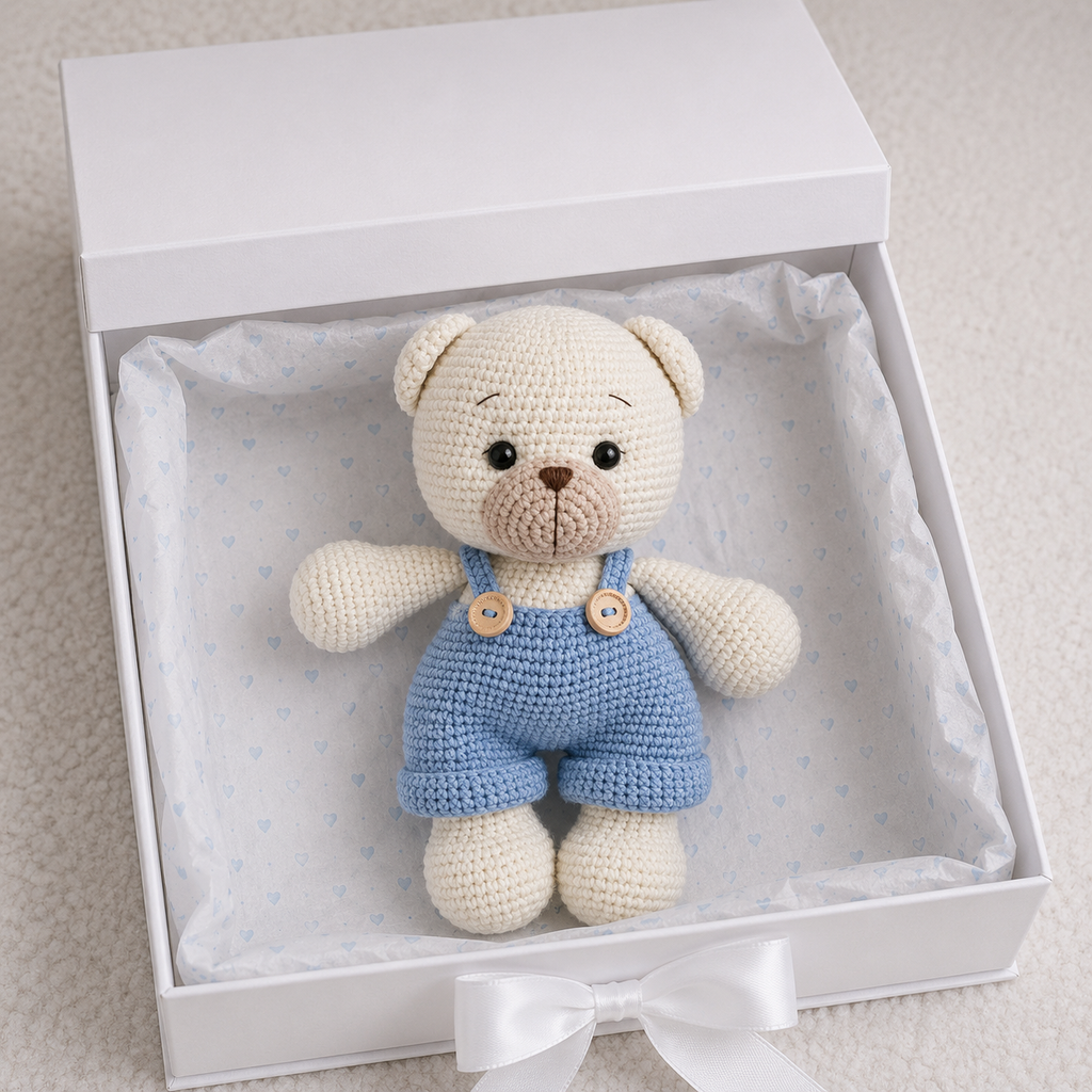 Crochet Cute White Teddy Bear Toy in Blue Jumpsuit and Rattle Toy Gift Set 2pc