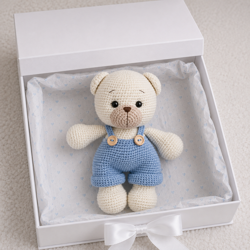 Crochet Cute White Teddy Bear Toy in Blue Jumpsuit and Rattle Toy Gift Set 2pc
