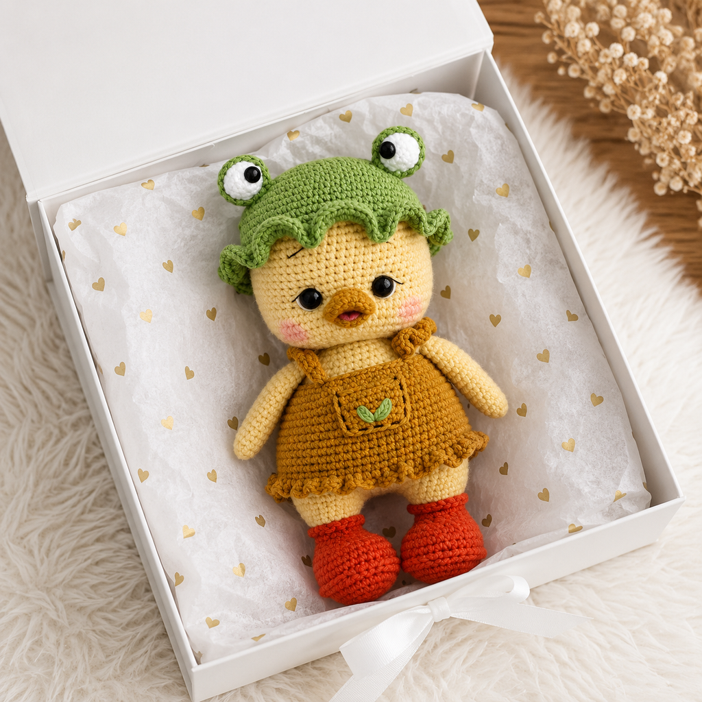 Handmade Crochet Duck Toy with Frog Hat