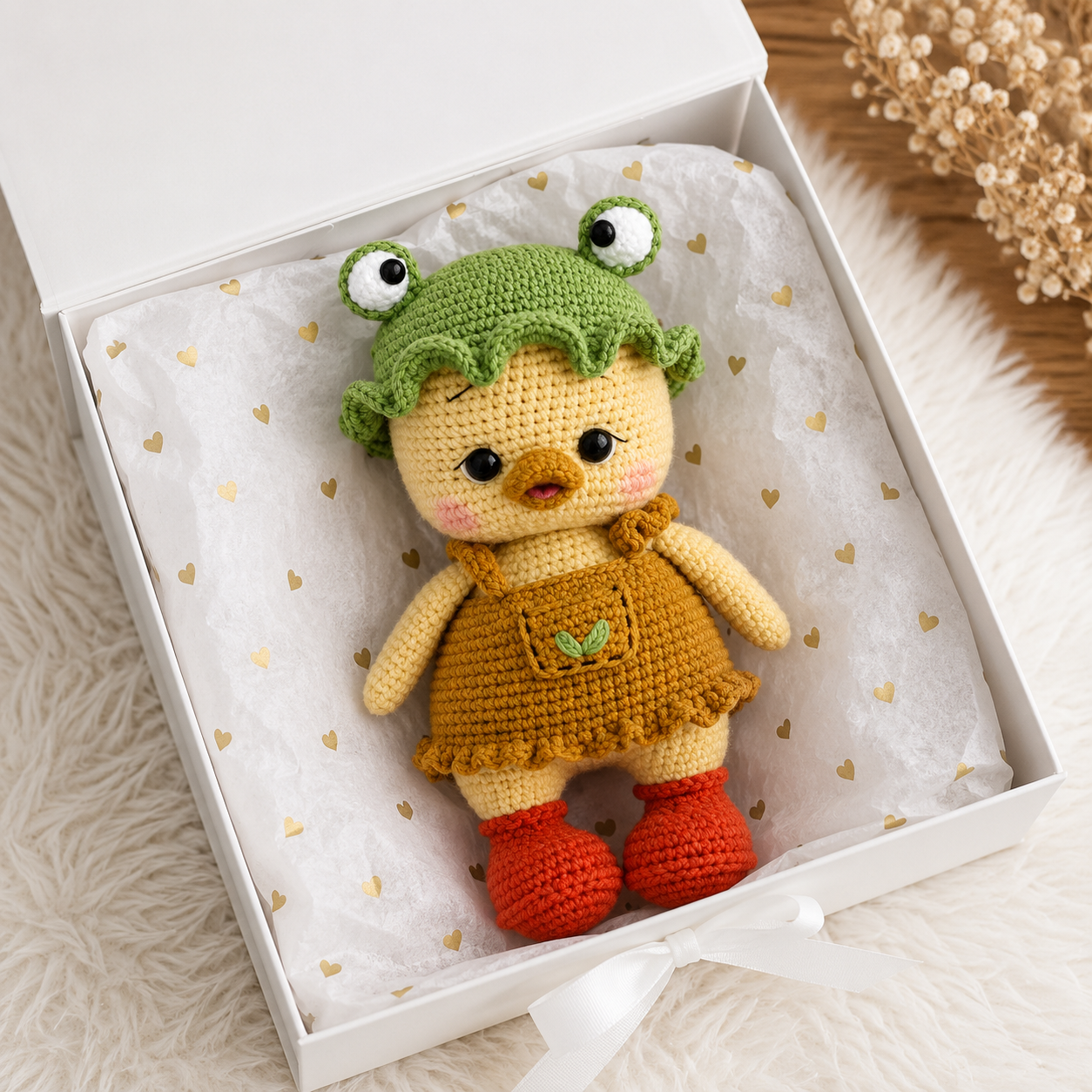 Handmade Crochet Duck Toy with Frog Hat