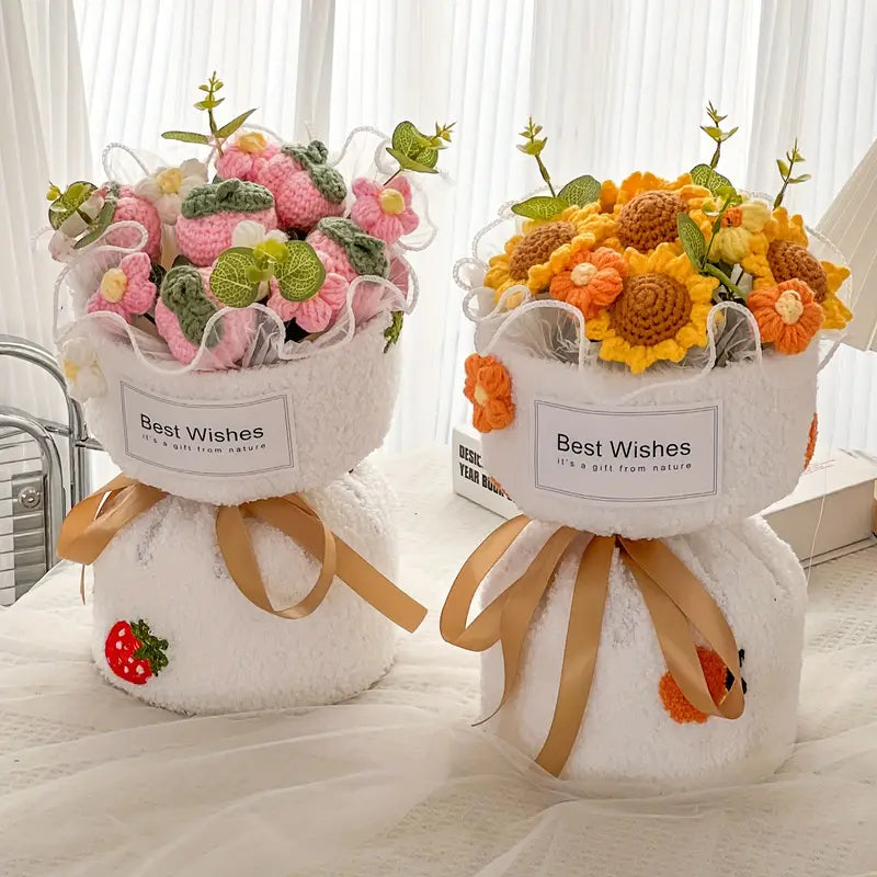 Handmade Crocheted Best Wishes Bouquet, Sunflower, Orange, Strawberry