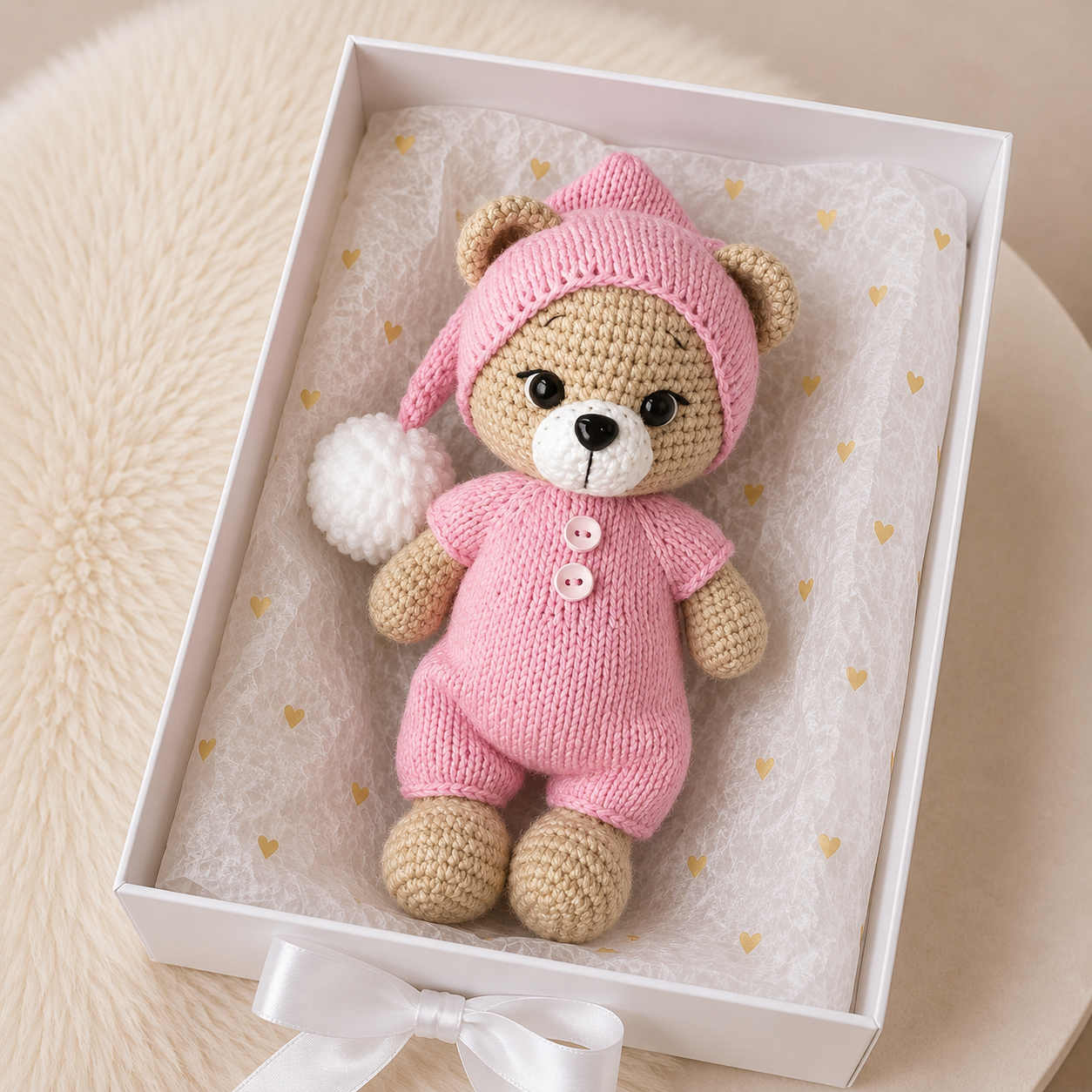 Handmade Crochet Teddy Bear Toy in Blue Jumpsuit and Pom-Pom Hat