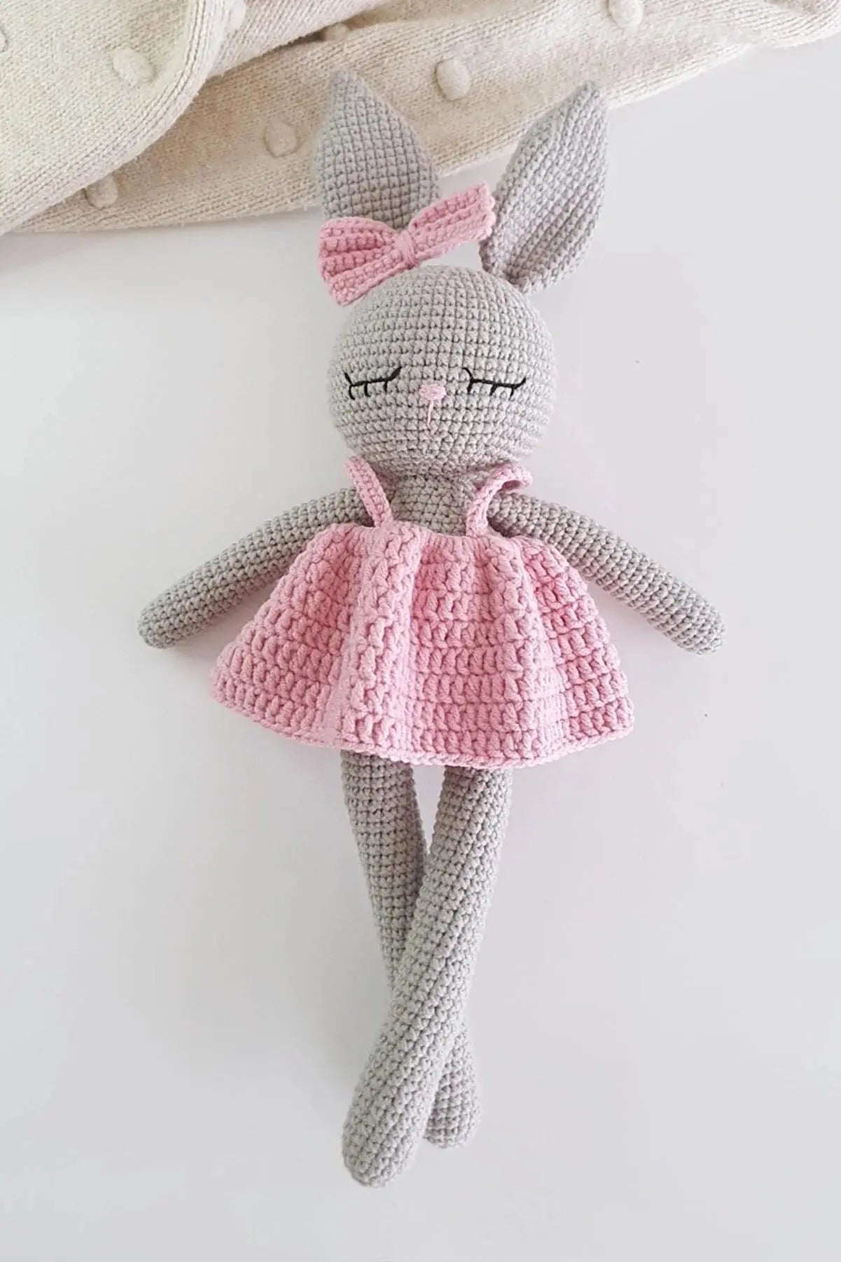 Crochet Sleeping Mate Gray Rabbit in Pink Dress and Rattle Toy Set 2pc - Joy Gift London