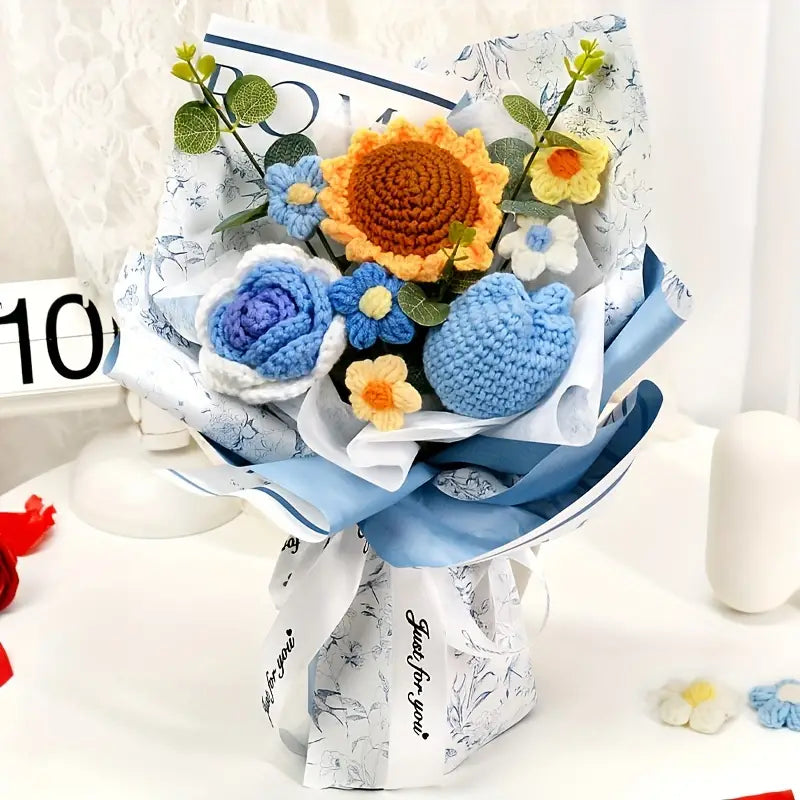 Handmade Crocheted Roses, Sunflowers & Tulips Bouquet