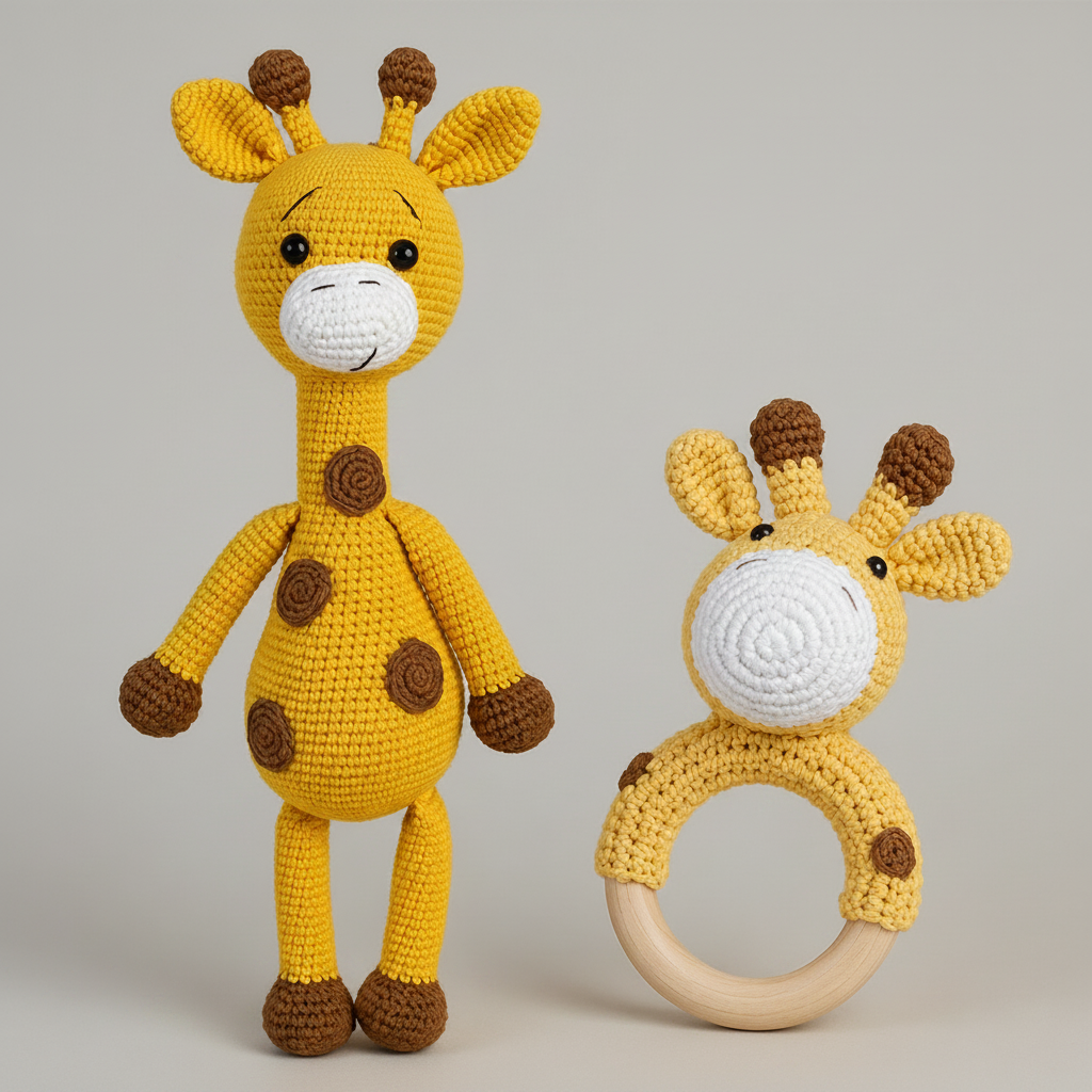 Crochet Cute Giraffe Toy and Rattle Toy Gift Set 2pc
