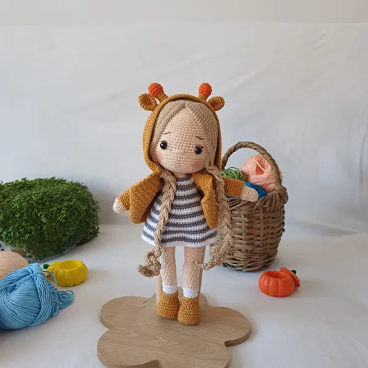 Crochet Blonde Girl Doll in Brown Hoodie - 30cm - Joy Gift London