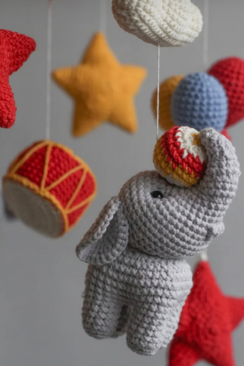 Handmade Crochet Circus Baby Mobile – Elephant Nursery Crib Mobile with Balloons, Stars & Tent | Baby Shower Gift
