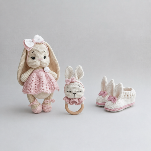 Crochet Cute Bunny with Pink Dress 3pc