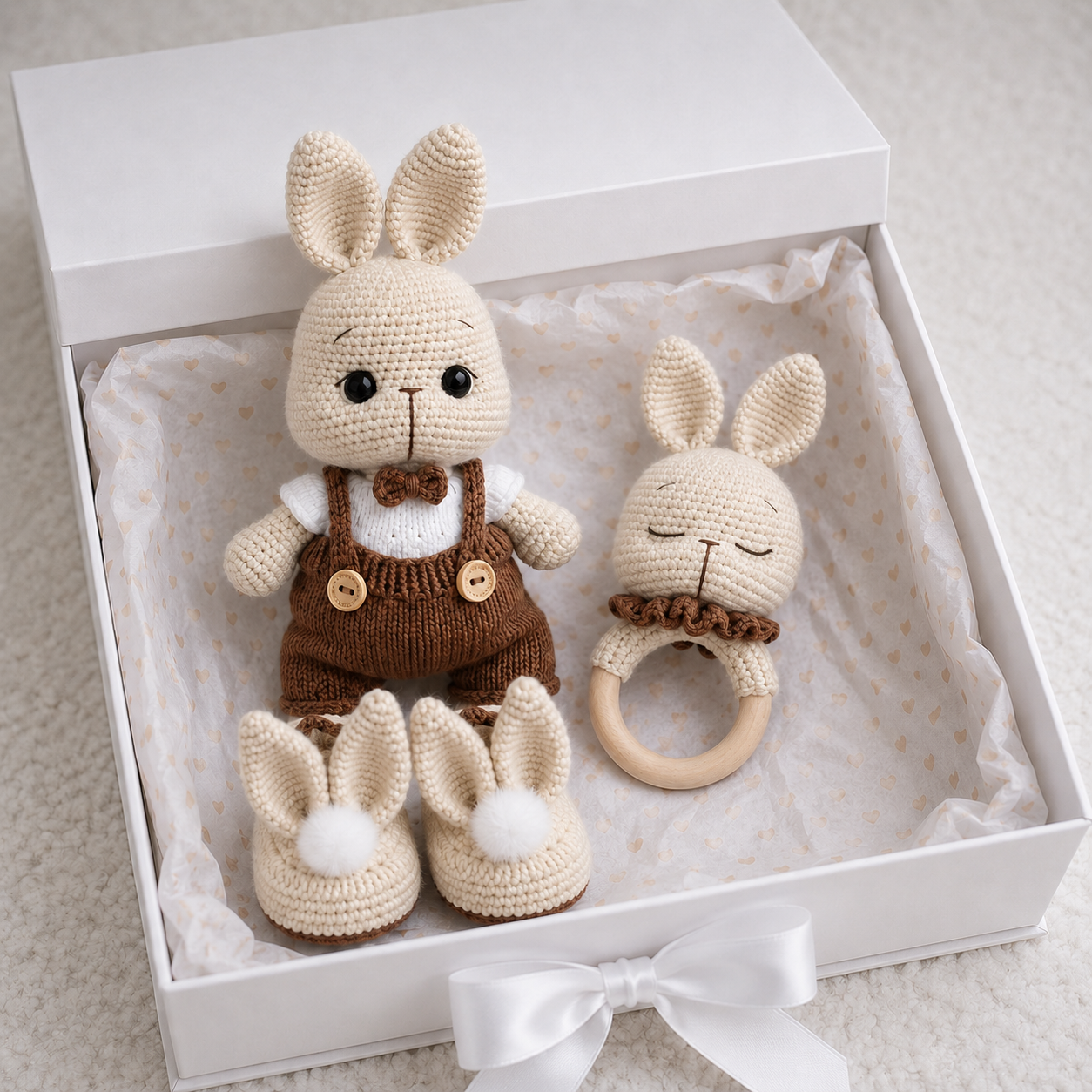 Handmade Crochet Bunny Toy in Brown Jumpsuit and White Jumper