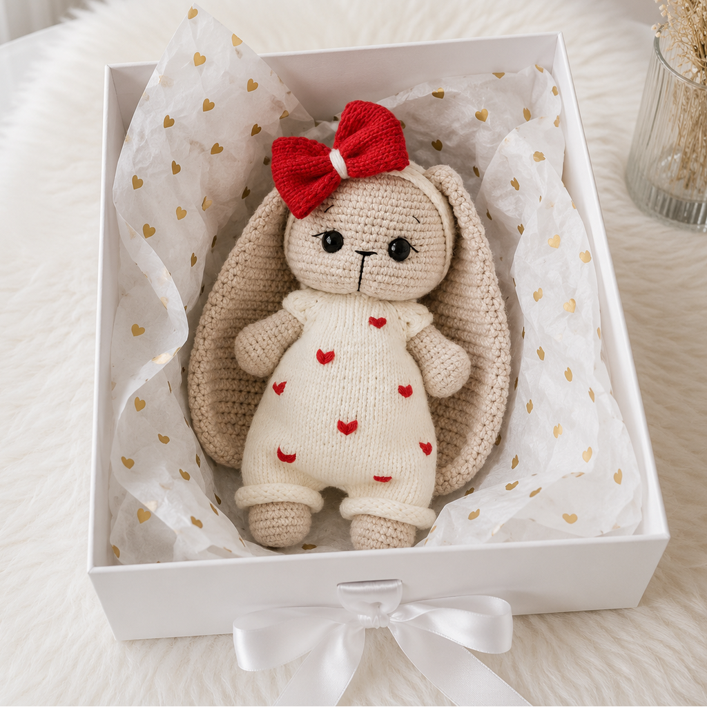 Handmade Crochet Long Ear Bunny Toy in White Jumper with Hearts