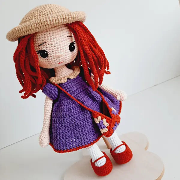 Crochet Red Hair Girl Doll - 30cm Purple Dress - Joy Gift London