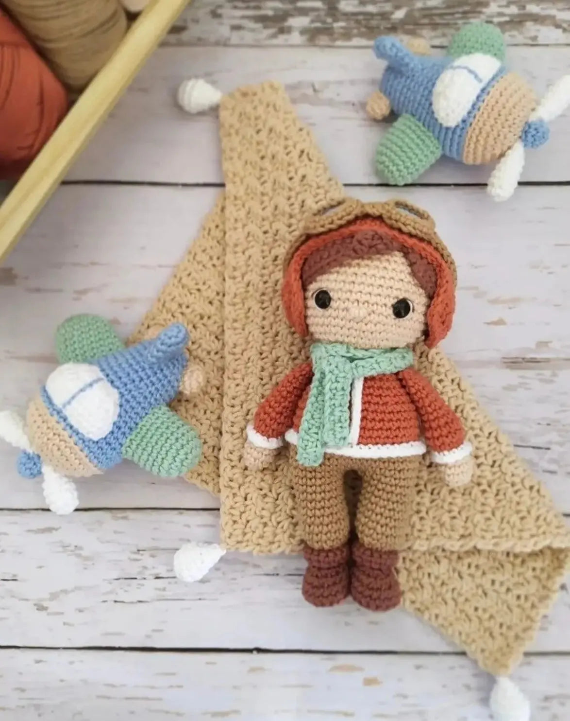 Crochet Little Pilot Boy Toy Set - Includes 2 Planes - Joy Gift London