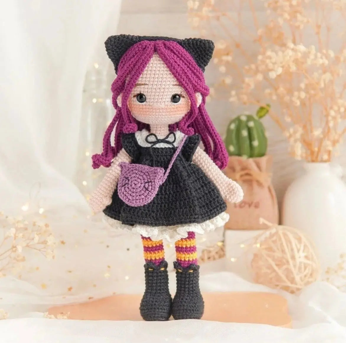 Purple Hair Girl Doll in Black Dress - Handmade 12-Inch Crochet Toy - Joy Gift London