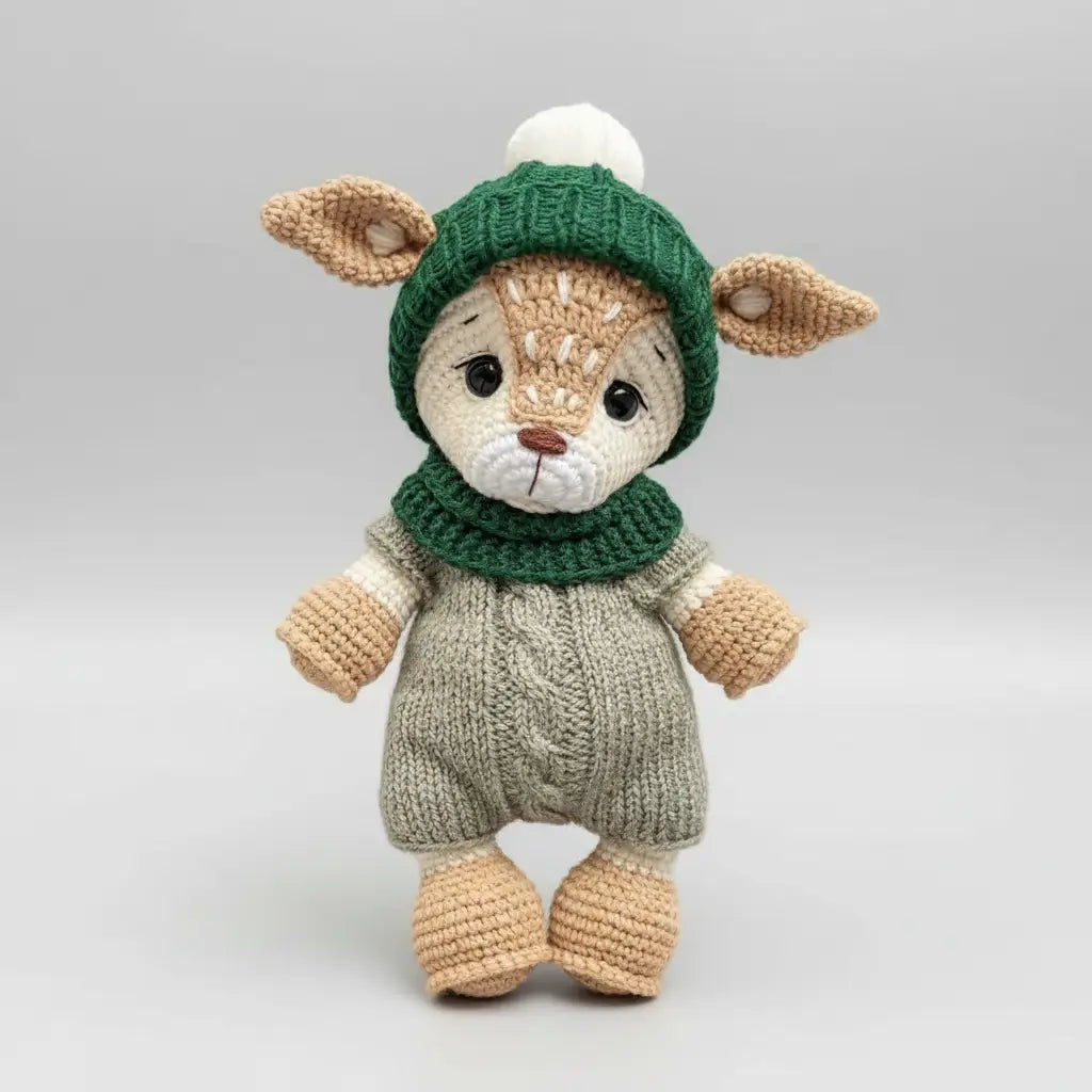 Crocheted stuffed animal wearing green knit hat and overalls with cute button nose