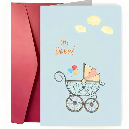 Vintage baby carriage with colorful balloons on a pastel blue background, with "oh, Baby!" text
