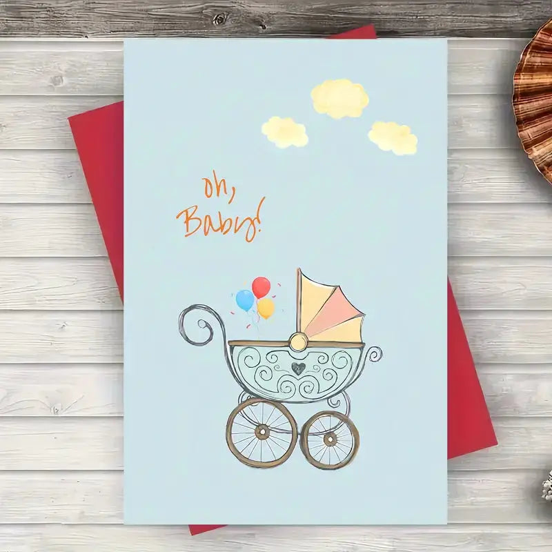 Vintage baby carriage with colorful balloons on soft blue background with "oh, Baby!" text