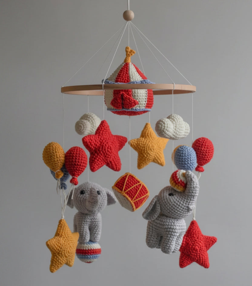 Handmade Crochet Circus Baby Mobile – Elephant Nursery Crib Mobile with Balloons, Stars & Tent | Baby Shower Gift