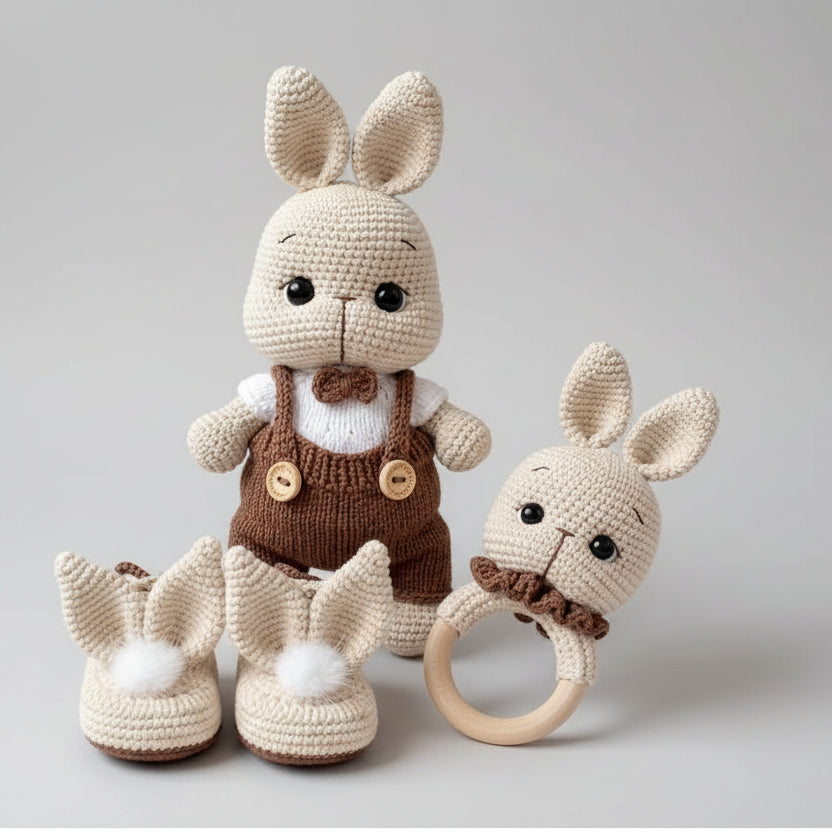 Set of crocheted baby items including a bunny outfit, shoes, and teether on a textured surface.