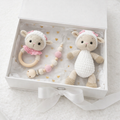 Handmade Crochet Newborn Gift Set (3pc) Cute Sheep – Personalised Dummy Clip, Baby Shower Gift