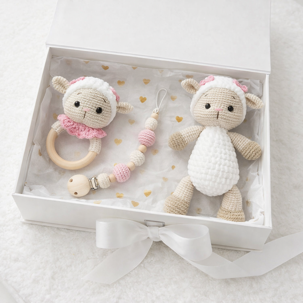 Handmade Crochet Newborn Gift Set (3pc) Cute Sheep – Personalised Dummy Clip, Baby Shower Gift
