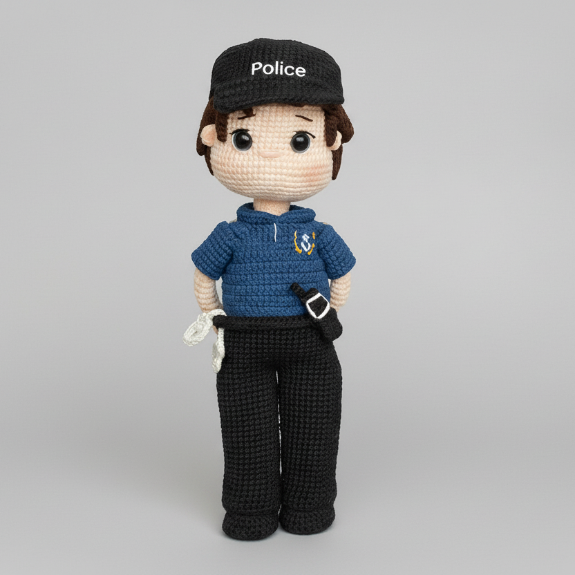 Handmade Crochet Police officer Doll in Uniform – Amigurumi Policeman Toy