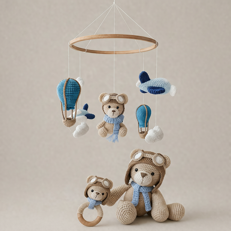Handmade Crochet Pilot Teddy Bear, Rattle and Nursery Mobile 3pc Set ✈️ ☁️
