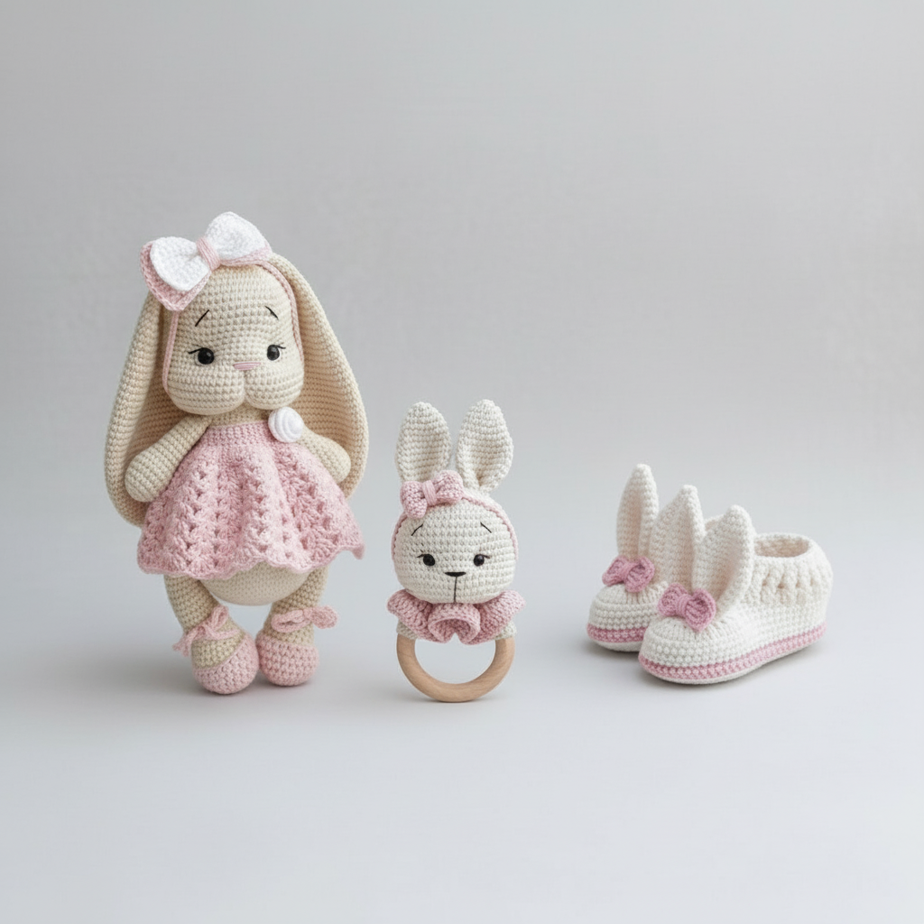 Set of crocheted bunny toys including a dress, shoes, and a teething ring on a light gray background.