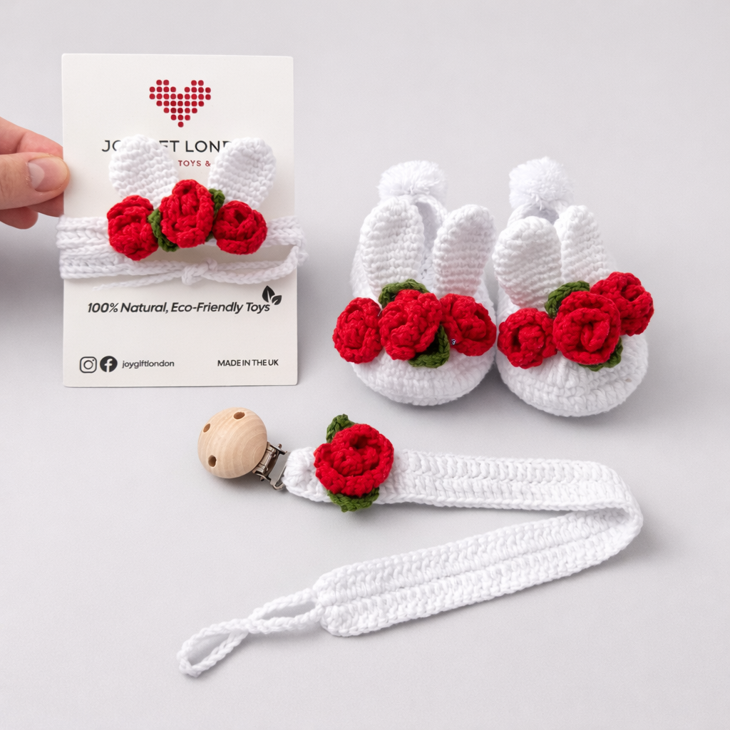 Baby Shower Gift Box – Handmade Crochet Booties, Dummy Clip & Headband Set (Luxury Newborn Gift) Rabbit Ear, Red Roses