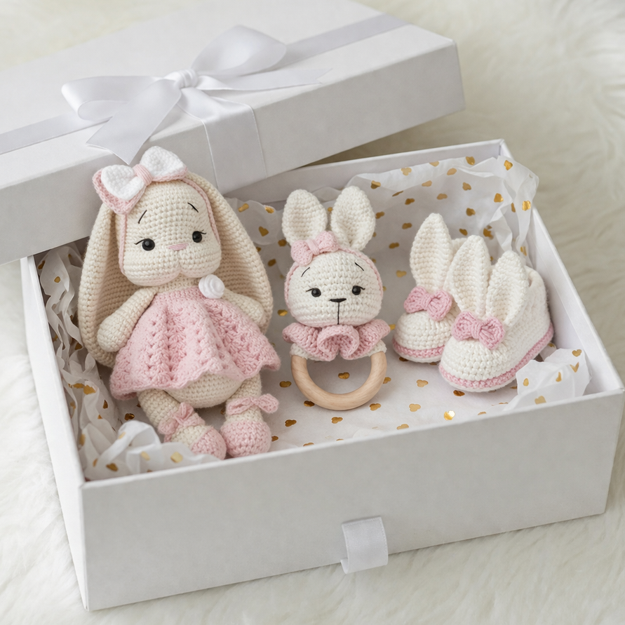 Crochet Cute Bunny with Pink Dress 3pc