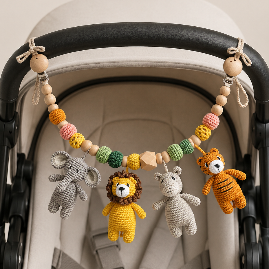 Crocheted animal toys hanging from a stroller bar with a neutral background