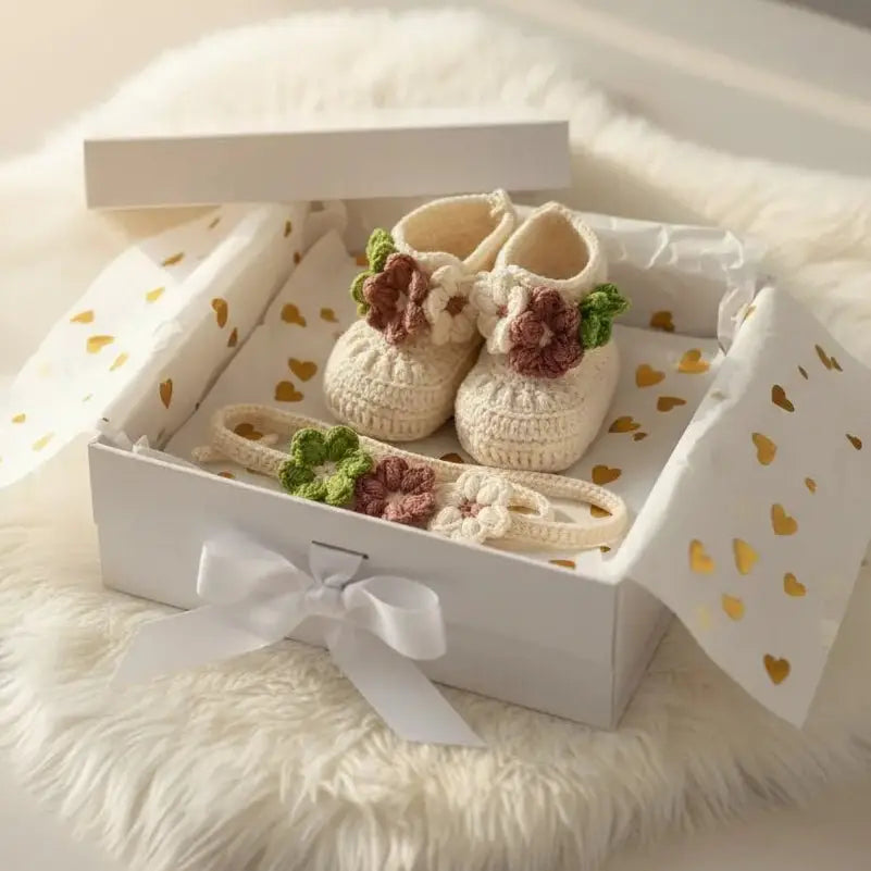 Handmade cream crochet baby booties with floral details in a white gift box with hearts
