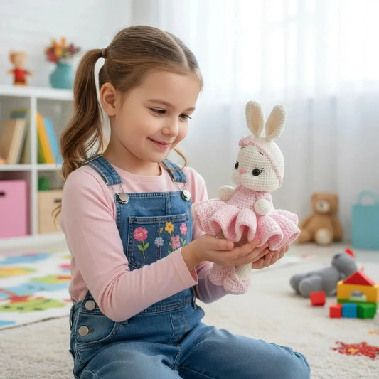 Child in denim overalls holding a pink crocheted bunny in a playroom with toys.