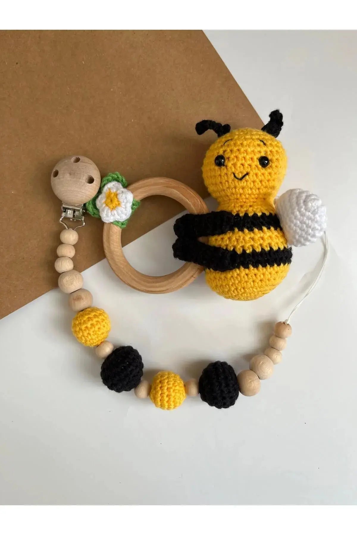 Crochet Bee Rattle Toy and Dummy Clip 2pc Joy Gift London