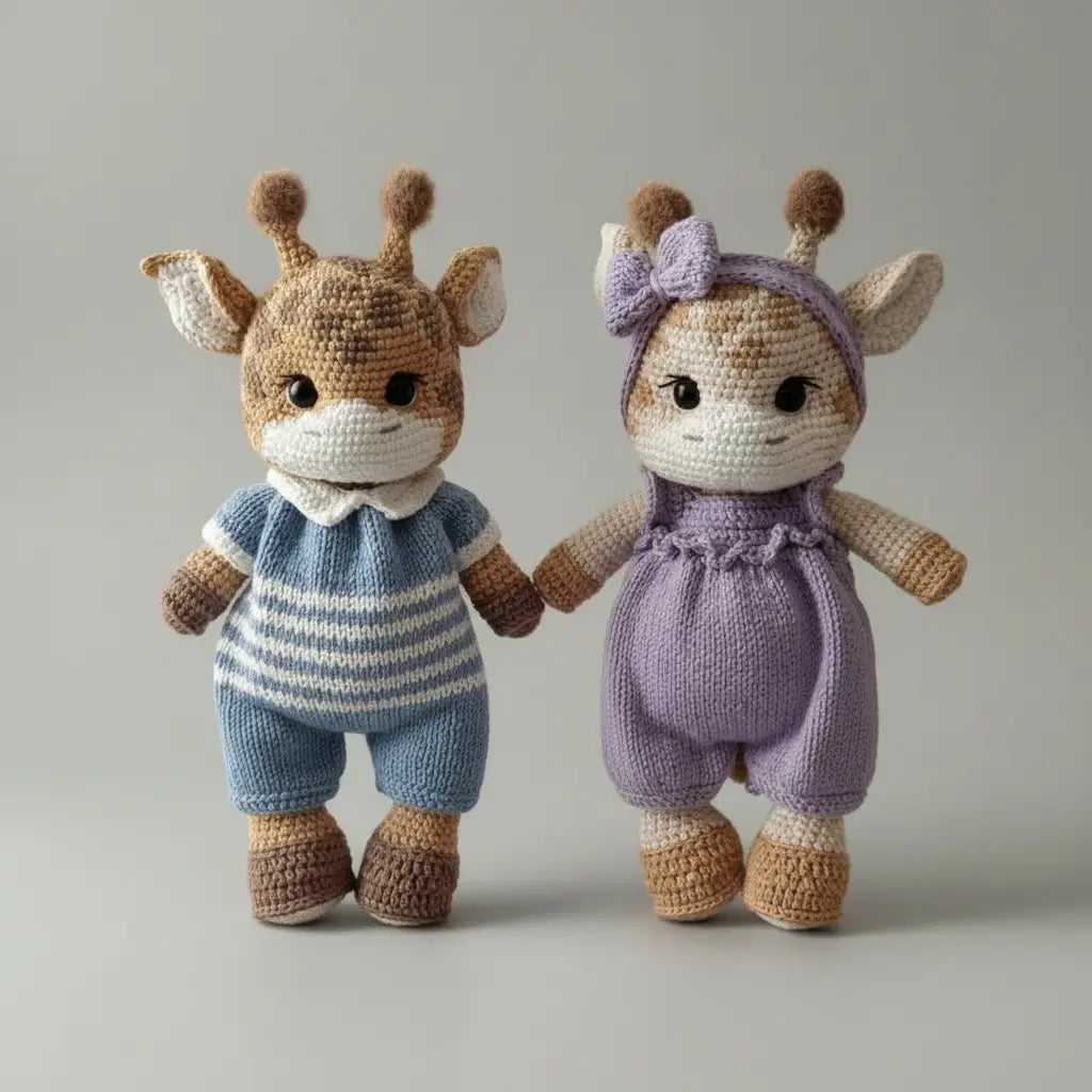 Two crochet giraffe dolls in blue and purple outfits, holding hands and wearing knitted clothes.