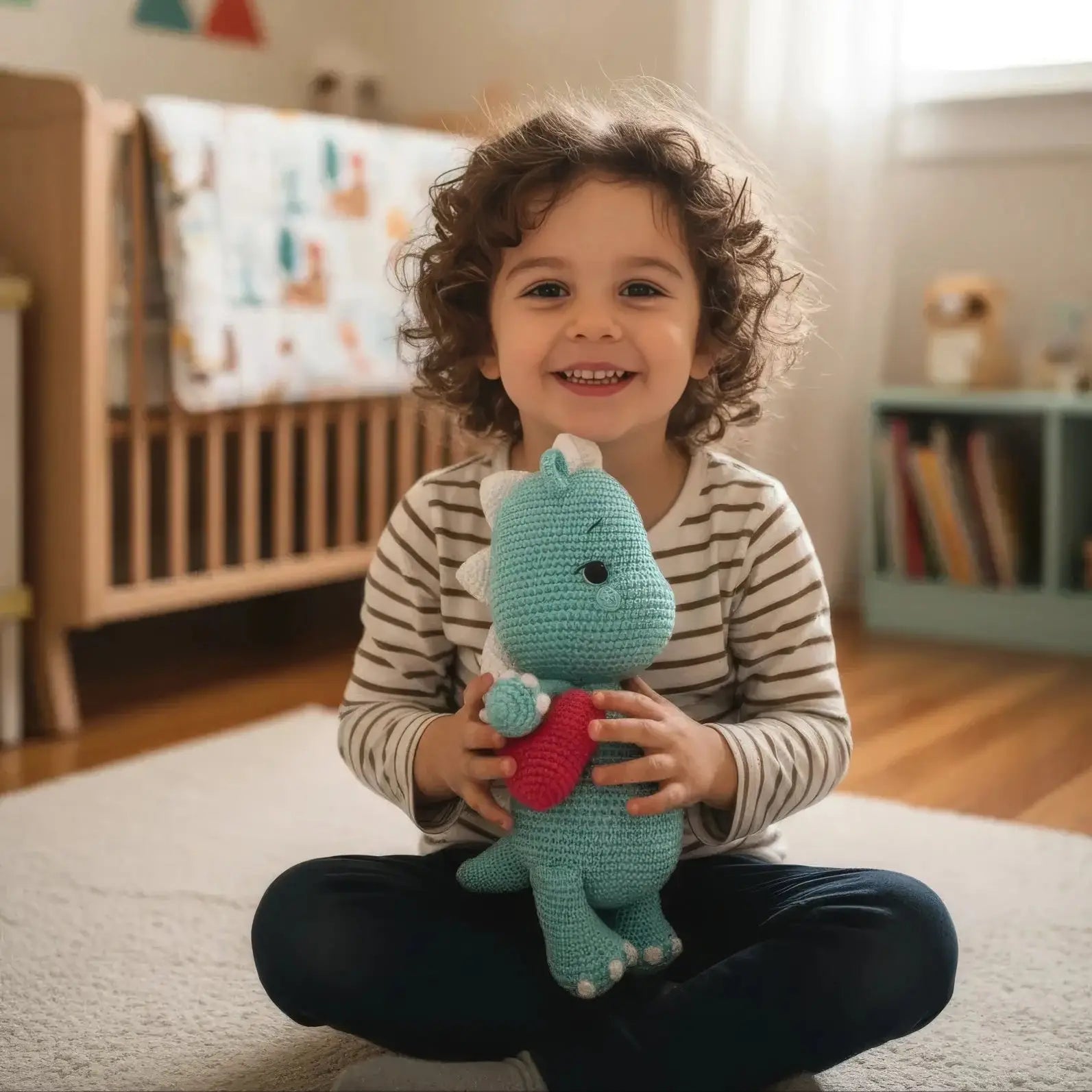 Child smiling and holding a teal crocheted dinosaur toy while sitting on a white rug