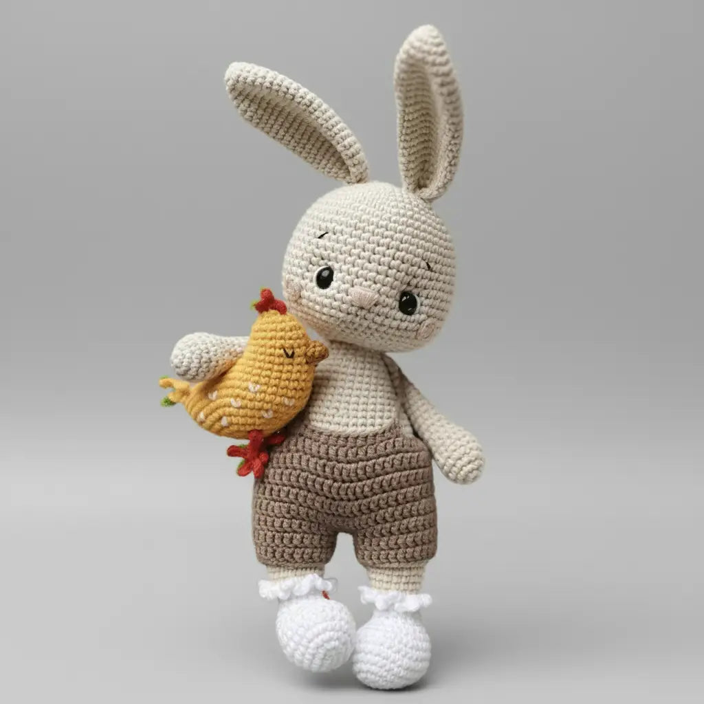 Crocheted bunny wearing brown pants, holding a yellow chick friend
