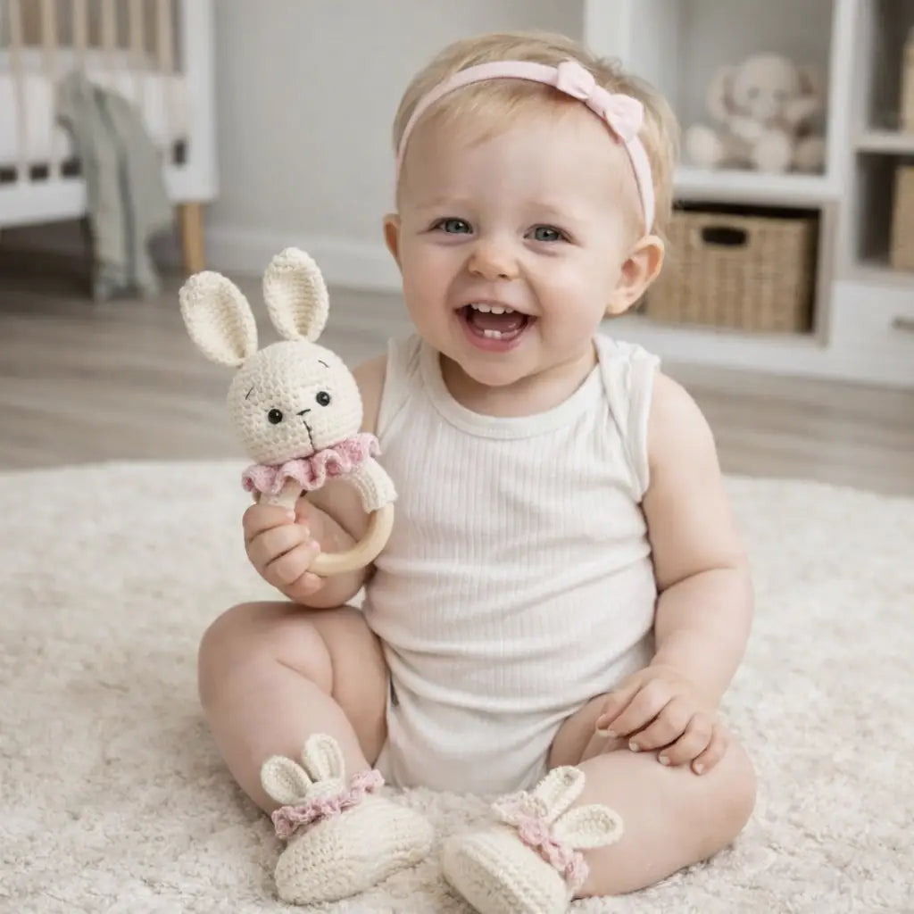 Crochet Cute Bunny Toy in Blue Jumpsuit and Rattle Toy Gift Set 2pc main image 1