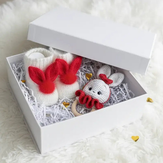 Crochet Cute Bunny Rattle and Bunny Ear Baby Booties Gift Set 2pc White/Red  Joy Gift London