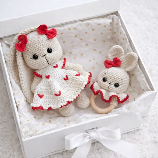 Crochet Cute Bunny Toy in Fancy White Dress with Heart Details and Rattle Toy Set 2pc  Joy Gift London
