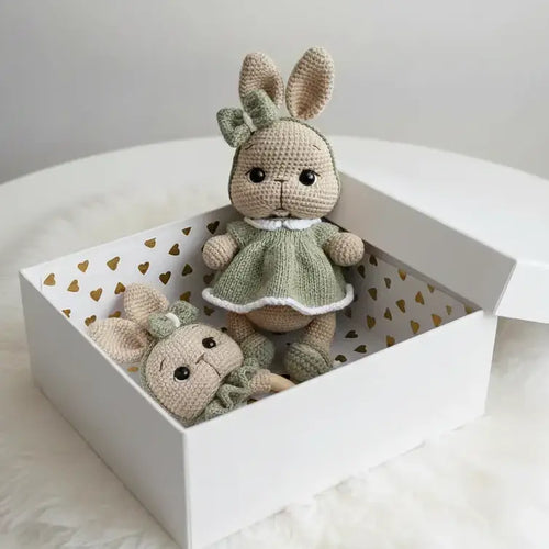 Two crocheted rabbit toys in a white box with gold heart pattern on a white surface.