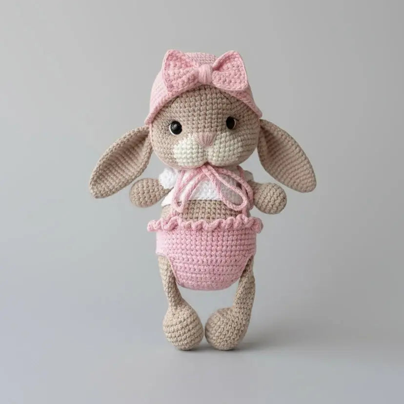 Crocheted bunny with pink bow and outfit, standing on gray background