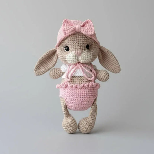 Crocheted bunny with pink bow and outfit, standing on gray background