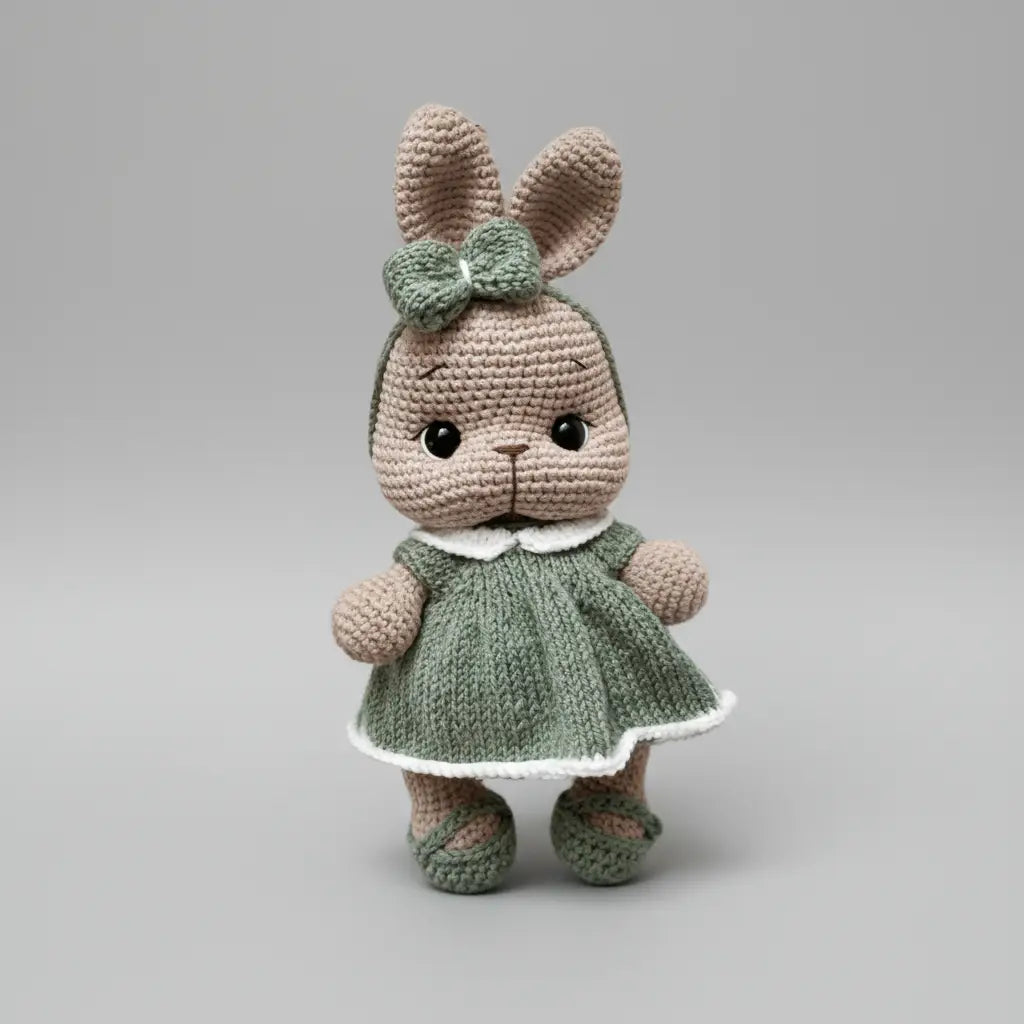 Crocheted bunny in sage green dress with white collar and matching bow