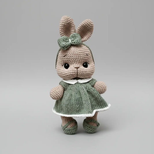 Crocheted bunny in sage green dress with white collar and matching bow