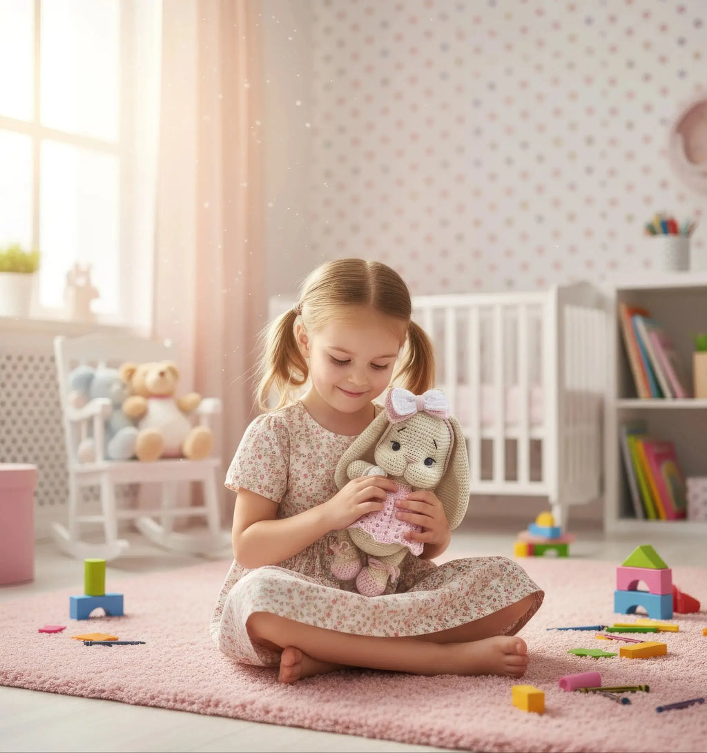 Toddler girl in floral dress playing with crocheted bunny on pink rug surrounded by toys