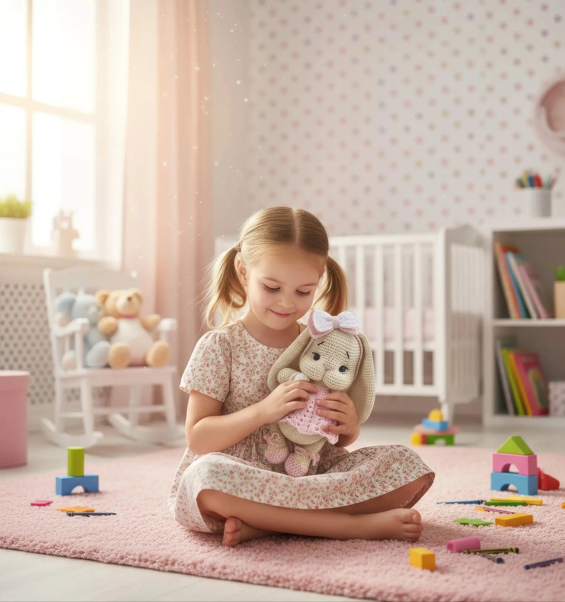 Toddler girl in floral dress playing with crocheted bunny on pink rug surrounded by toys