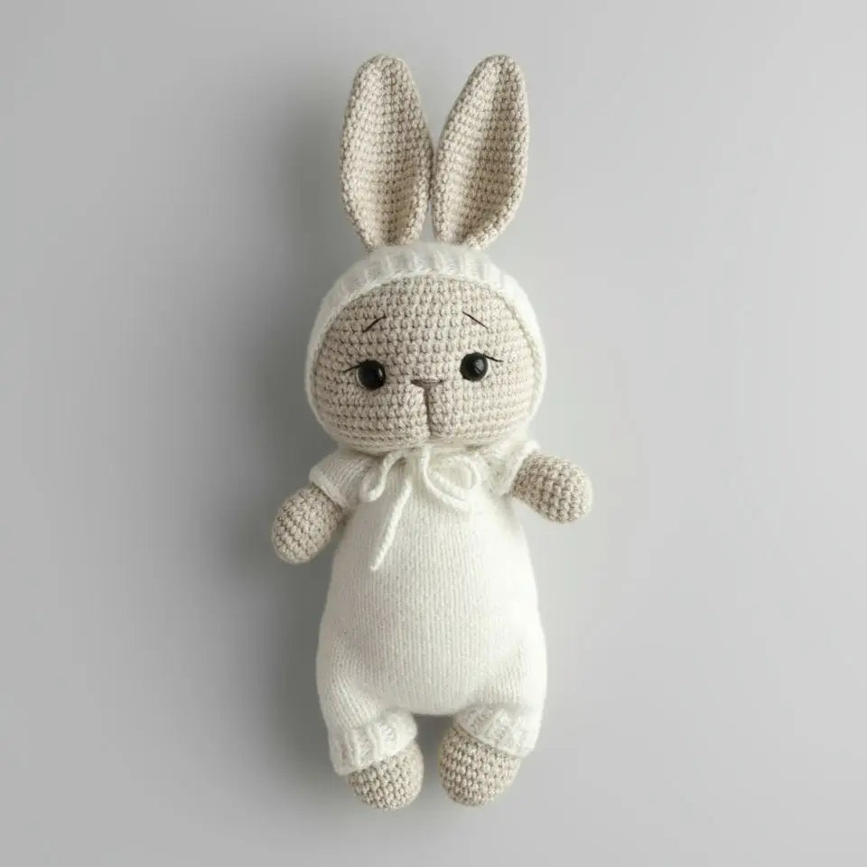 Crocheted bunny in white outfit with long ears, sitting against gray background