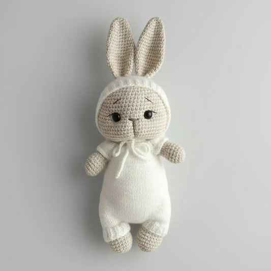 Crocheted bunny in white outfit with long ears, sitting against gray background